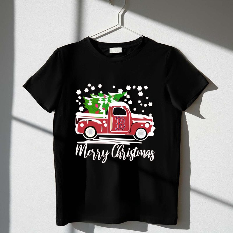 Boston Red Sox B Vintage Car Merry Christmas Tree Snowflakes T Shirt t shirt 1 1