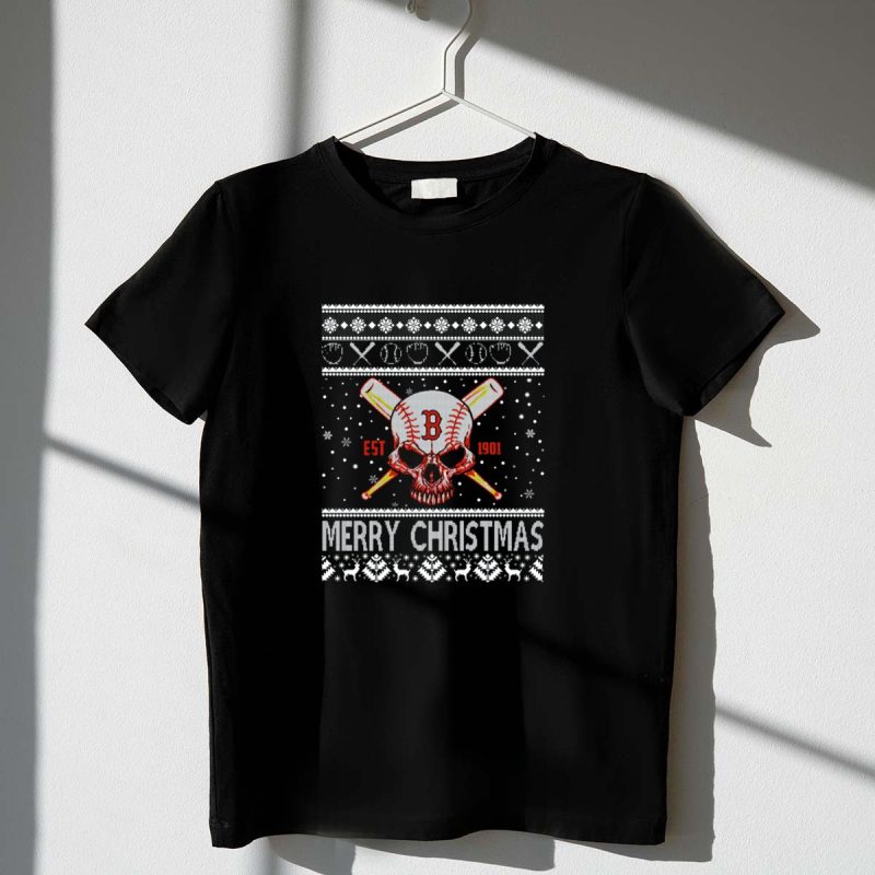 Boston Red Sox Baseball Skull Est 1901 Merry Christmas T Shirt t shirt 1 1