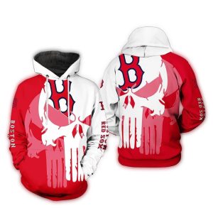 Skull Punisher With Boston Red Sox Red and White All Over Print Hoodie