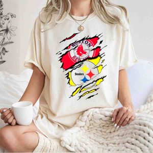 Boston Red Sox & Pittsburgh Steelers Logo Mashup T-Shirt For Fans