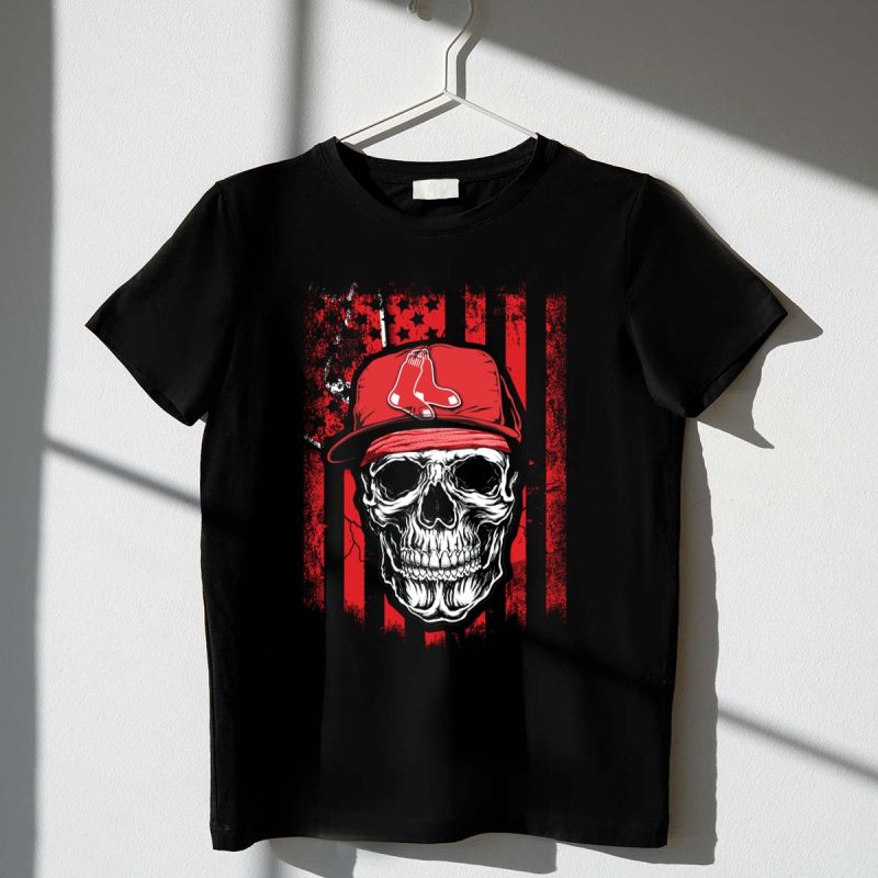 Boston Red Sox Skull Logo Cap on Red and Black T Shirt t shirt 1 1