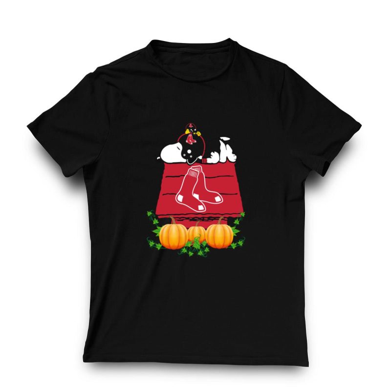 Boston Red Sox Snoopy Pumpkin House Graphic T-Shirt for Fans - Image 3