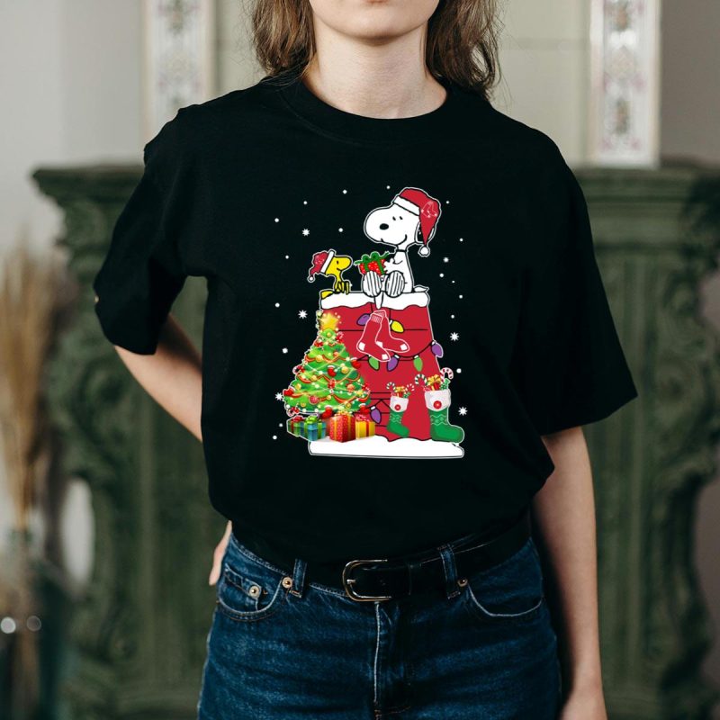 Boston Red Sox Snoopy Woodstock Christmas T-Shirt for Holiday Cheer - Image 2
