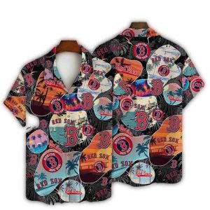 Boston Red Sox Retro Hawaiian Shirt with Sunset Palms - Summer Style