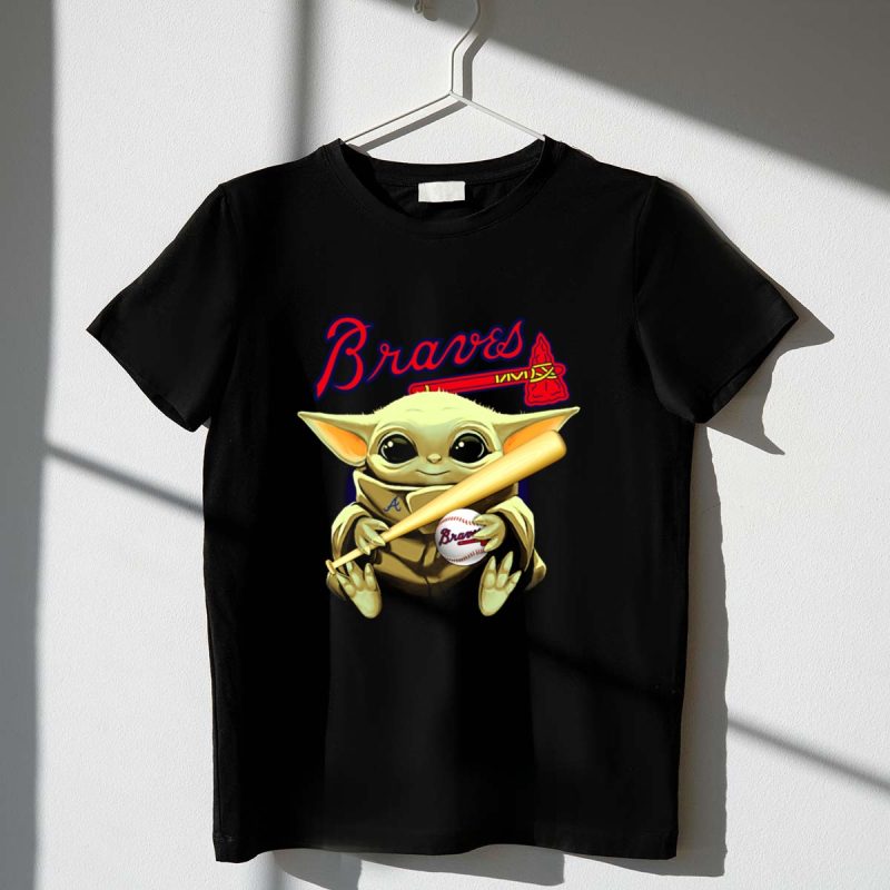 Braves Baseball Baby Yoda T-Shirt With Bat And Ball Design