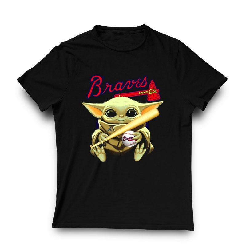 Braves Baseball Baby Yoda T-Shirt With Bat And Ball Design - Image 3
