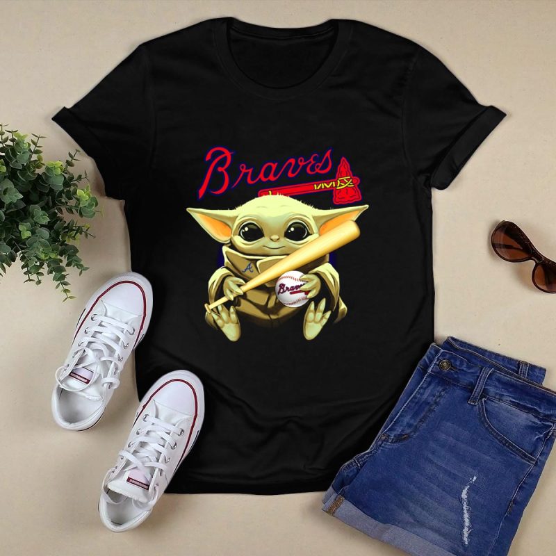 Braves Baseball Baby Yoda T-Shirt With Bat And Ball Design - Image 5