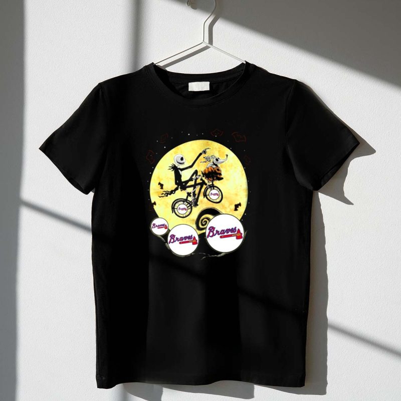 Braves Halloween Skeleton Dog T-Shirt With Moon And Bicycle Scene
