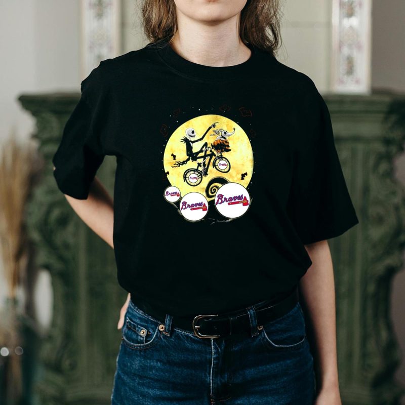 Braves Halloween Skeleton Dog T-Shirt With Moon And Bicycle Scene - Image 2
