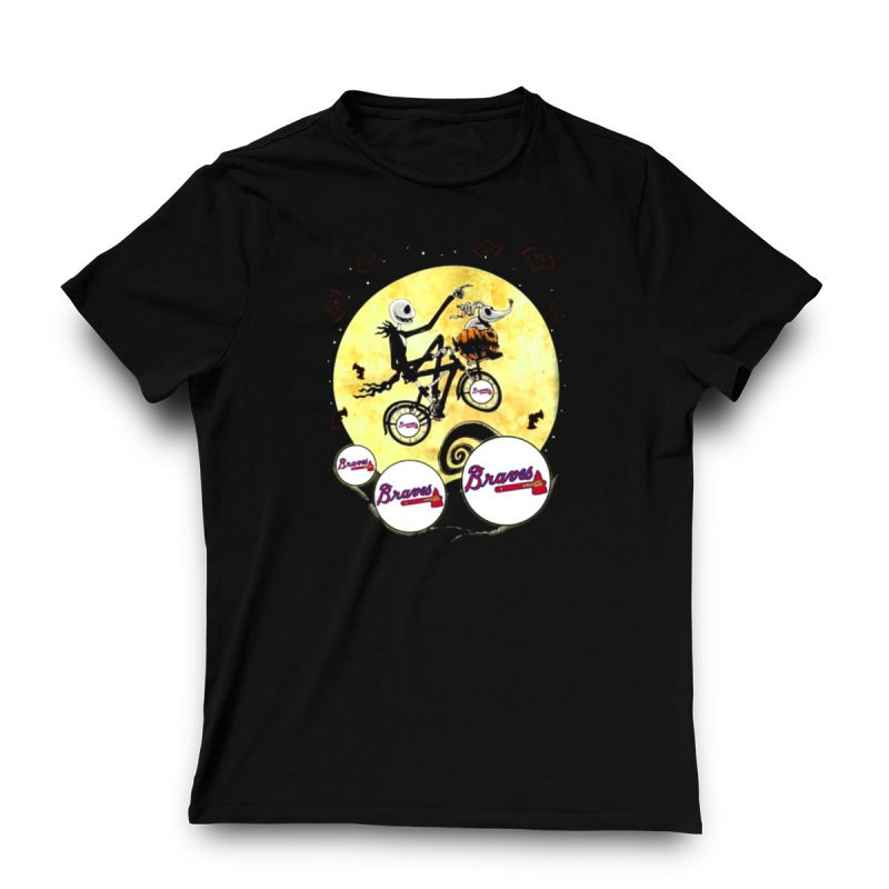 Braves Halloween Skeleton Dog T-Shirt With Moon And Bicycle Scene - Image 3