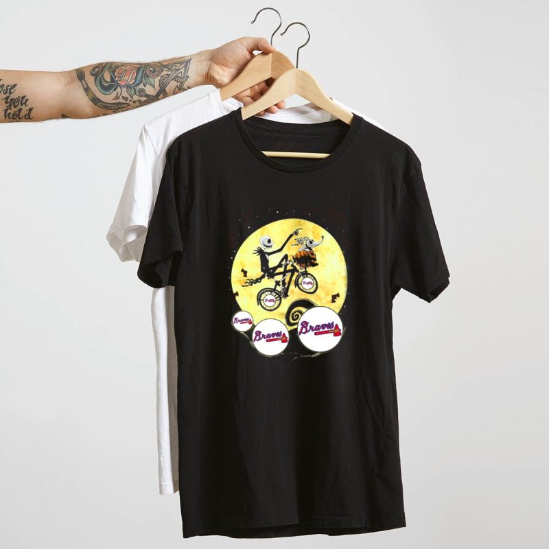 Braves Halloween Skeleton Dog T-Shirt With Moon And Bicycle Scene - Image 4