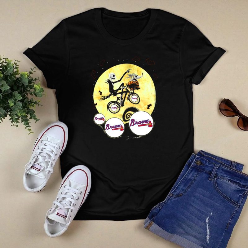 Braves Halloween Skeleton Dog T-Shirt With Moon And Bicycle Scene - Image 5