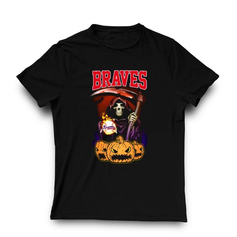 Braves Halloween Reaper T-Shirt With Pumpkins And Scythe Design - Image 3