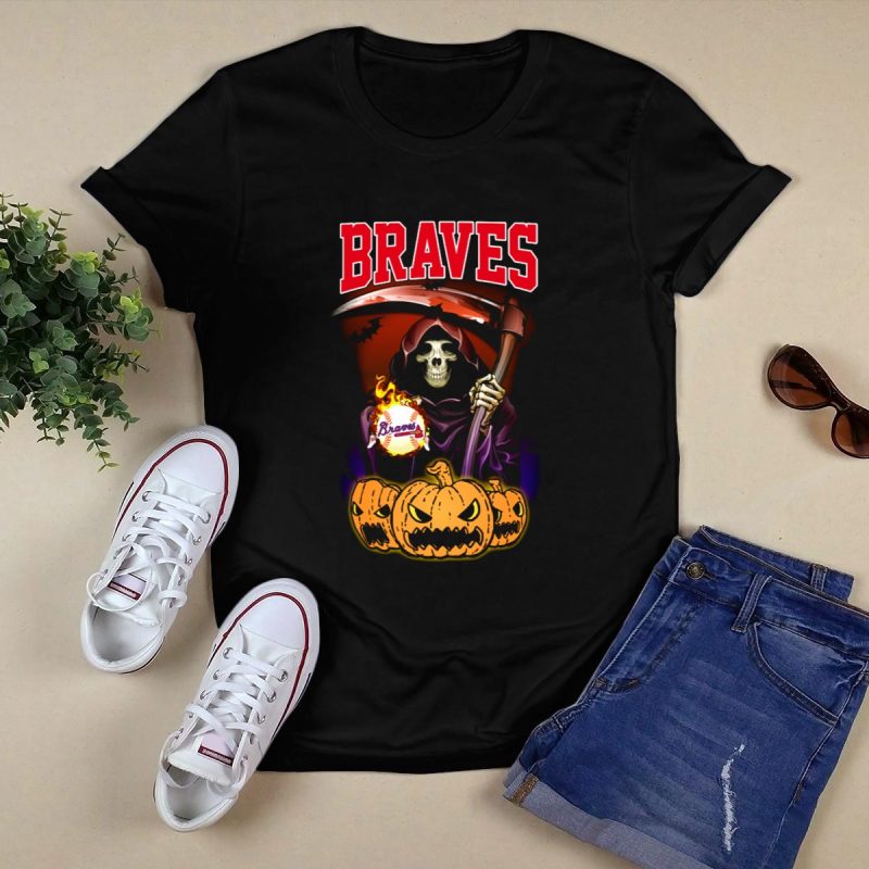 Braves Halloween Reaper T-Shirt With Pumpkins And Scythe Design - Image 5