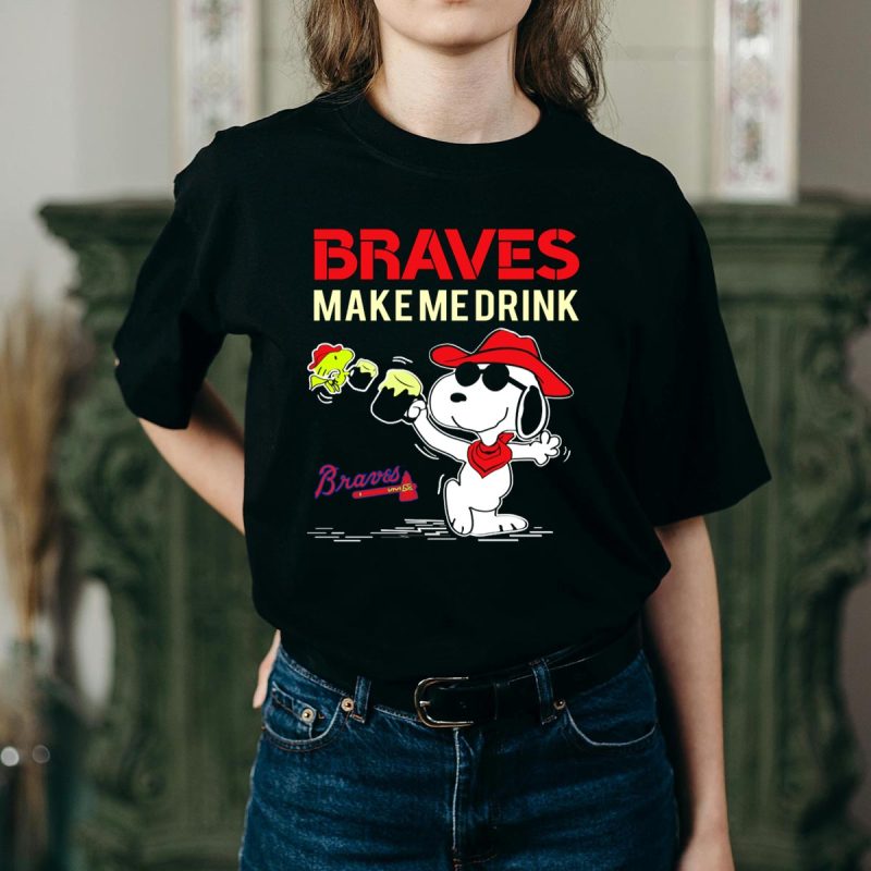 Atlanta Braves Snoopy Peanuts Collaboration T-Shirt - Make Me Drink Design - Image 2