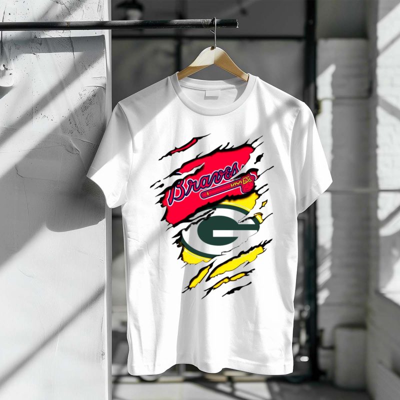 Braves Vs Packers Torn Logo Mashup T-Shirt For Sports Fans - Image 3