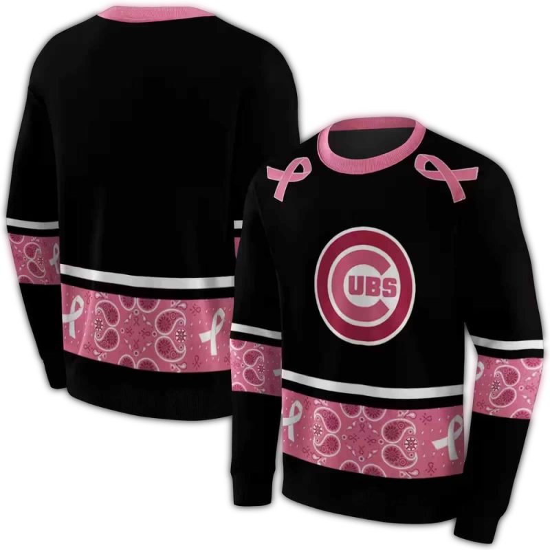 Chicago Cubs Awareness Ribbon Black Pink AOP Sweatshirt 1