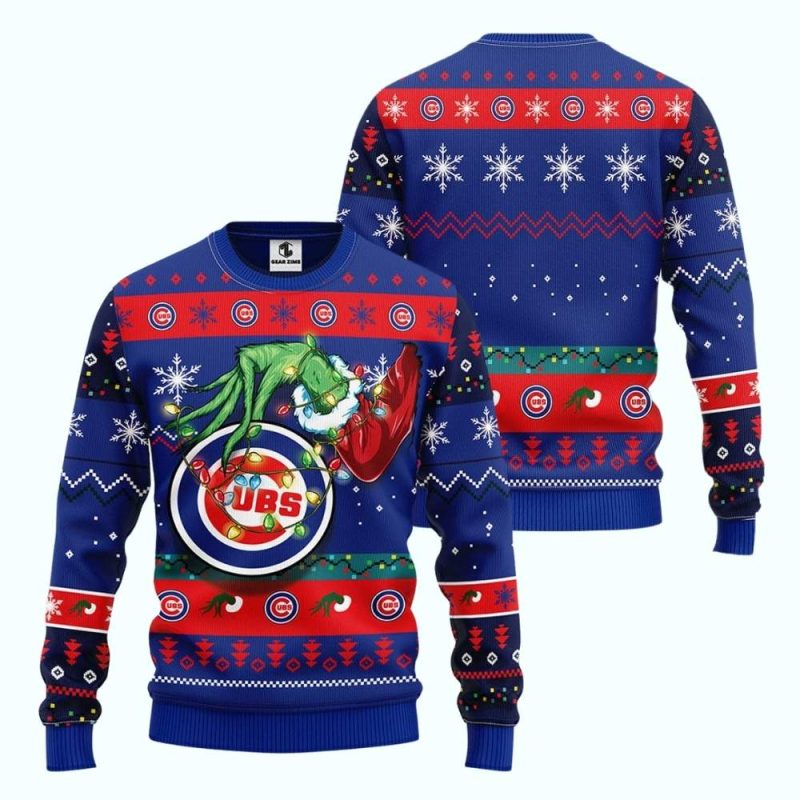 Chicago Cubs Grinch Merry Christmas Light Ugly Sweater - Image 3