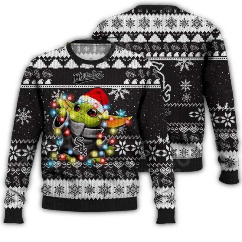 Chicago White Sox Baby Yoda Christmas Lights Ugly Sweater 1