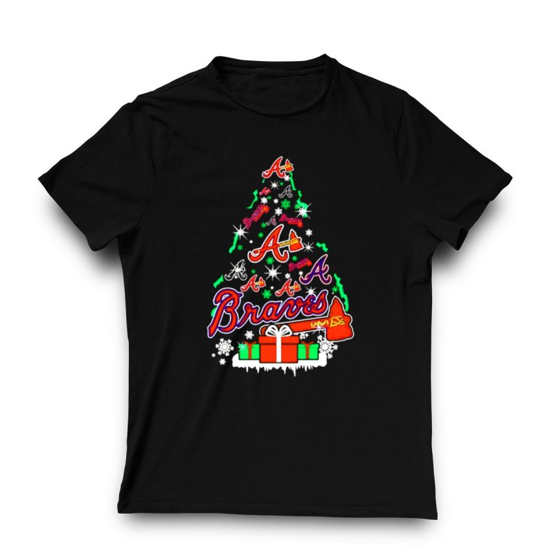 Atlanta Braves Christmas Tree T-Shirt With Santa Hat & Snowflakes - Image 3