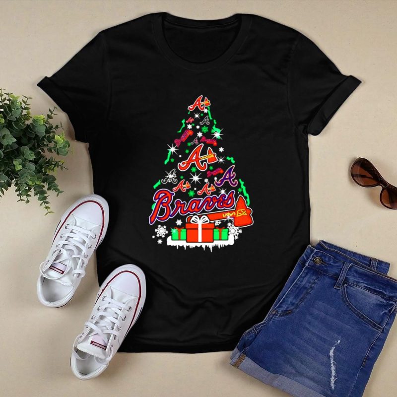 Atlanta Braves Christmas Tree T-Shirt With Santa Hat & Snowflakes - Image 5