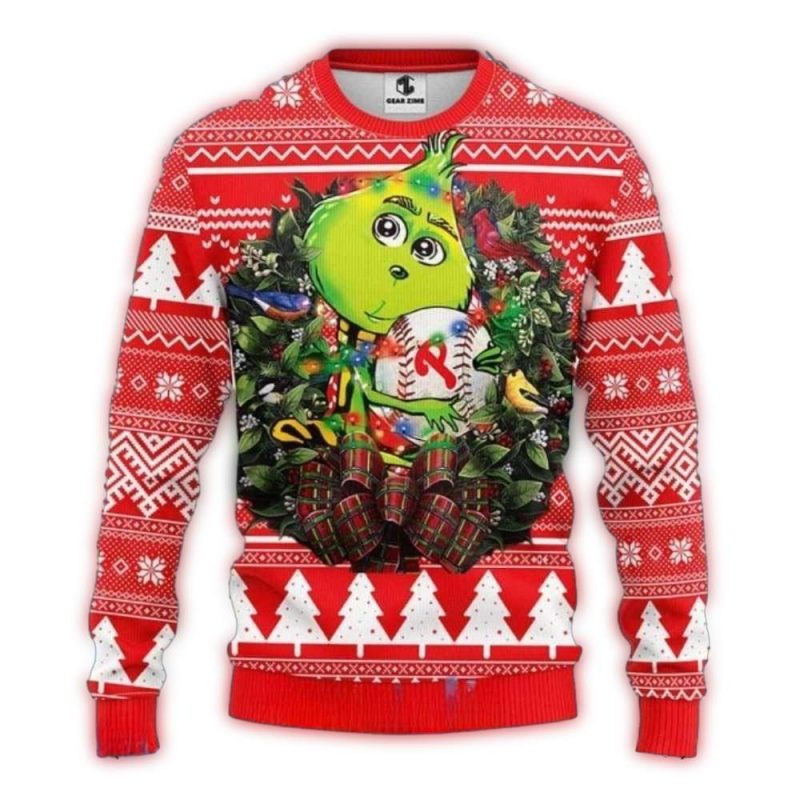 Grinch Christmas Wreath Philadelphia Phillies Ugly Sweater for Holiday Cheer