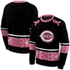 Cincinnati Reds Awareness Ribbon Black & Pink All-Over Print Sweatshirt