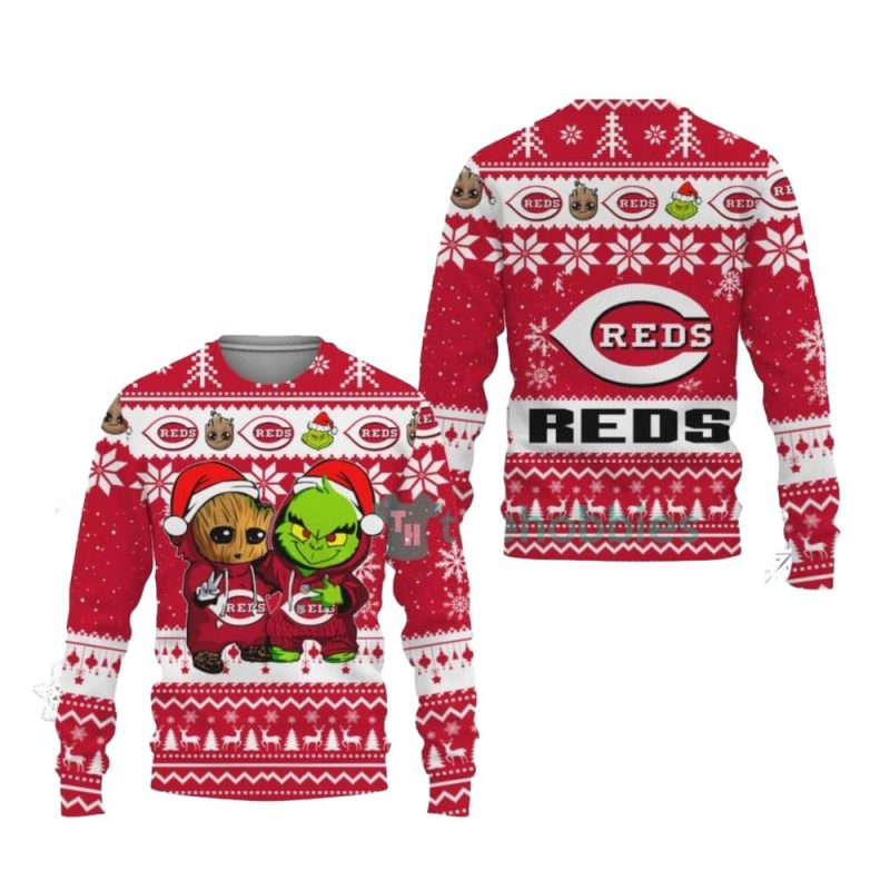 Cincinnati Reds Baby Groot And Grinch Best Friends Ugly Sweater