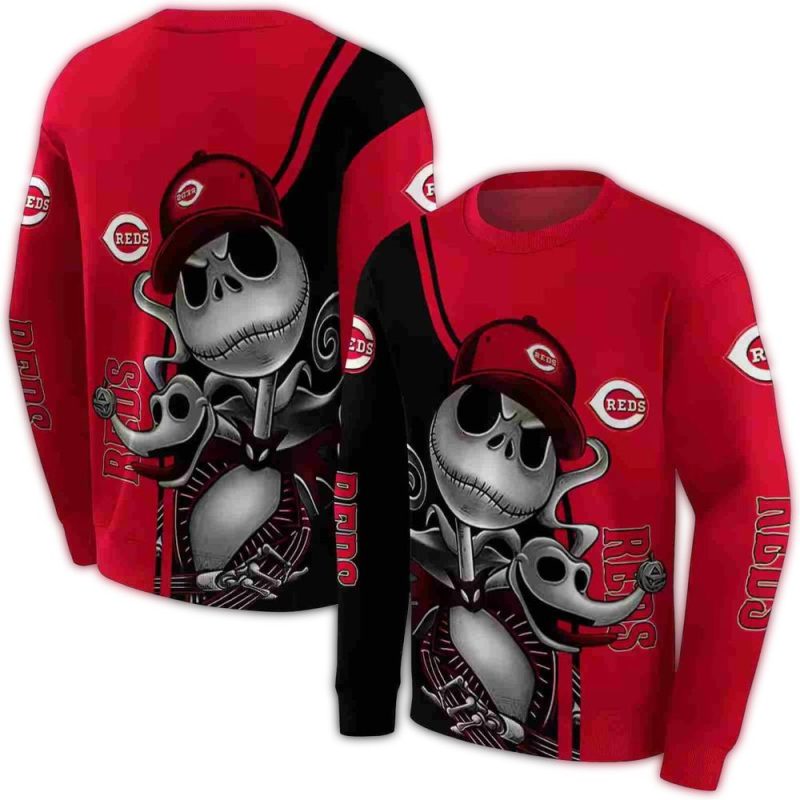 Cincinnati Reds Jack Skellington and Zero AOP Sweatshirt 1