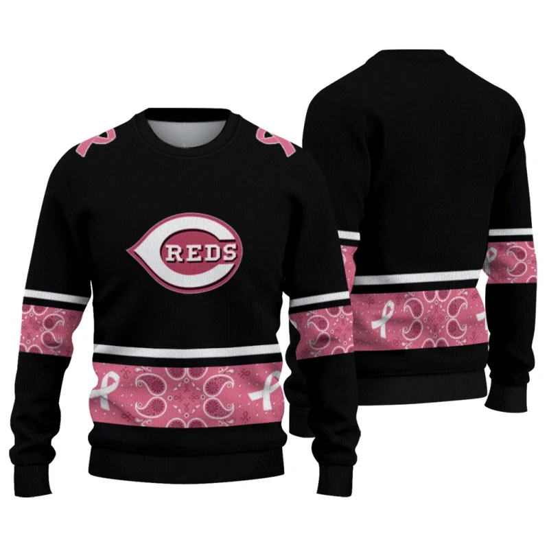 Cincinnati Reds Pink Ribbon Black Pink Ugly Sweater 1