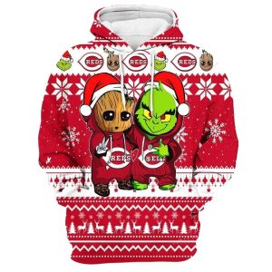 Cincinnati Reds Baby Groot And Grinch Best Friends All Over Print Hoodie