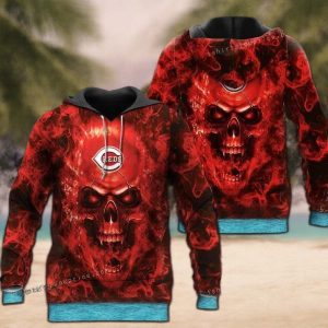 Cincinnati Reds Fire Skull All Over Print Hoodie