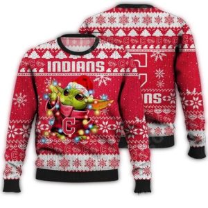 Cleveland Guardians Baby Yoda Christmas Lights Ugly Christmas Sweater