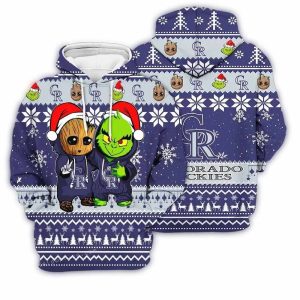 Colorado Rockies Christmas Hoodie Featuring Baby Groot & Grinch Design