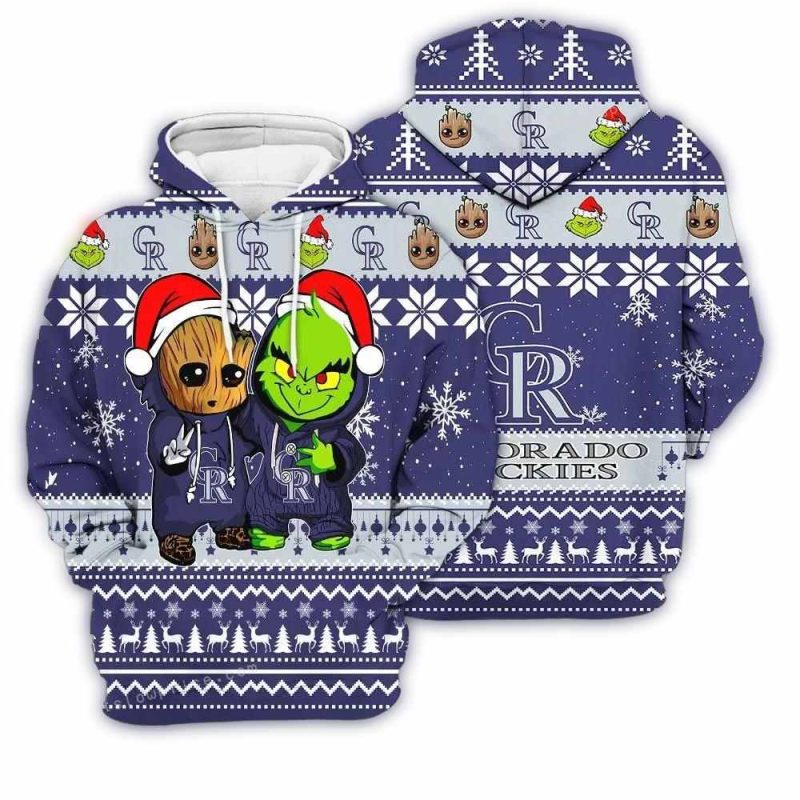 Colorado Rockies Baby Groot And Grinch Best Friends Christmas AOP Hoodie 1