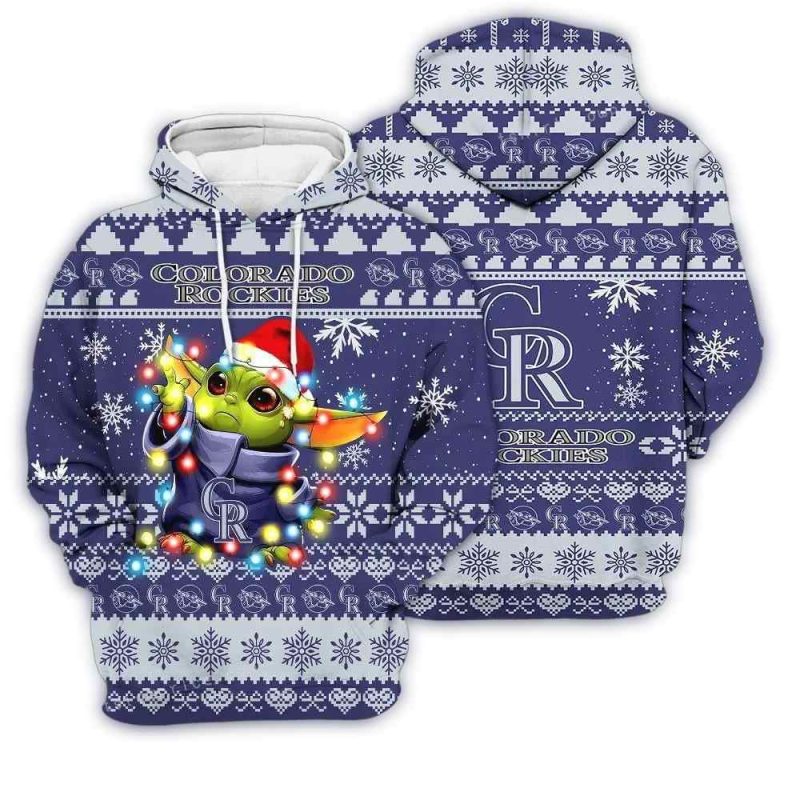 Colorado Rockies Baby Yoda Star Wars Light Christmas AOP Hoodie 1