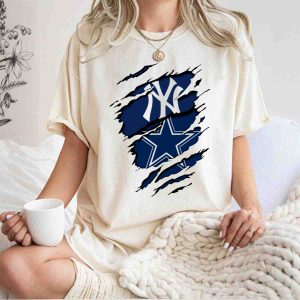 Gray Cowboys Yankees Logo Mashup T-Shirt With Torn Background Design