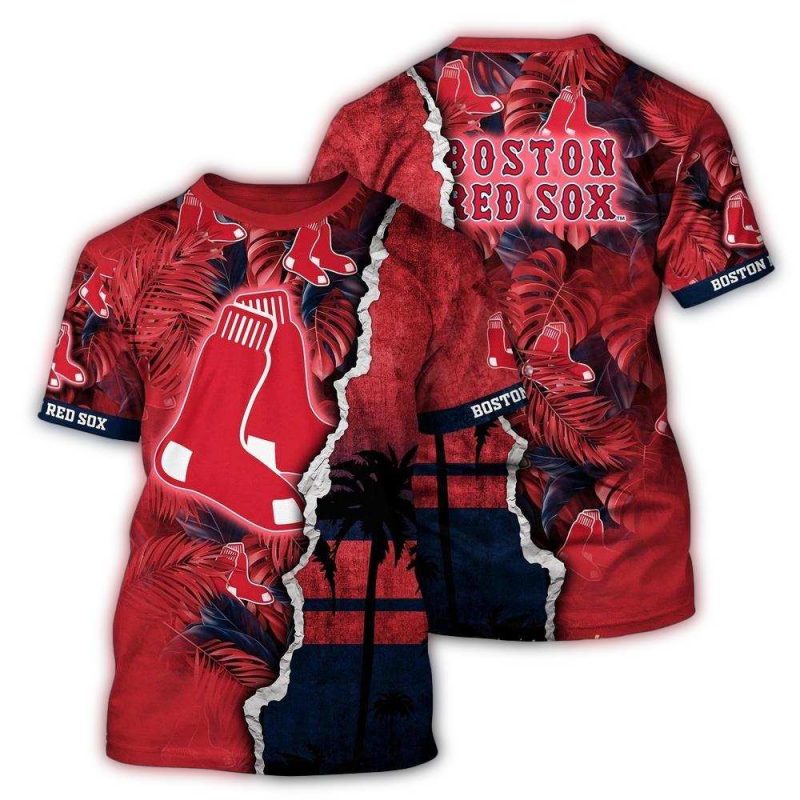 Personalized Boston Red Sox Floral Leaf Pattern AOP T-Shirt for Fans