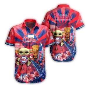 Floral Hawaiian Shirt featuring Baby Yoda and Tiki Design for Phillies Fans
