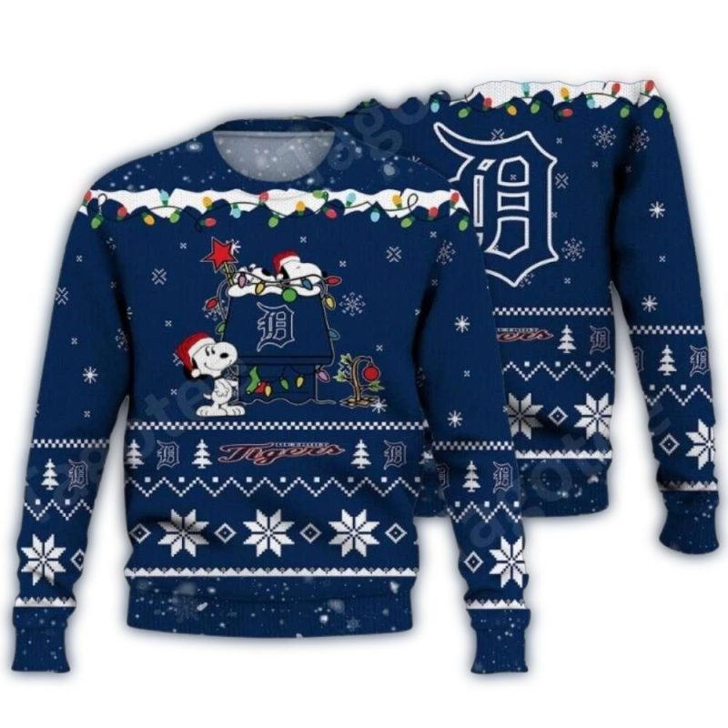 Cute Snoopy Christmas Lights Detroit Tigers Ugly Sweater 1