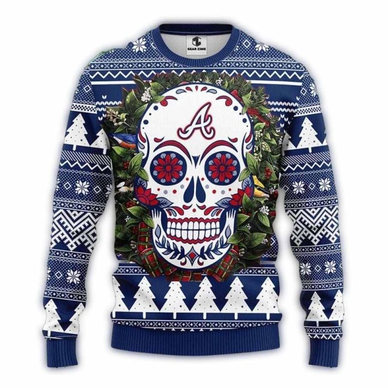 Day Of The Dead Skull Atlanta Braves Ugly Sweater 1