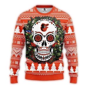 Day Of The Dead Skull Baltimore Orioles Christmas Sweater