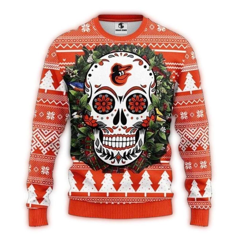 Day Of The Dead Skull Baltimore Orioles Christmas Ugly Sweater 1