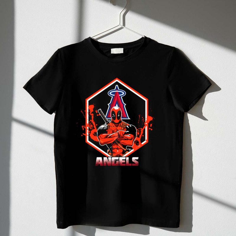 Deadpool Crossed Arms with Los Angeles Angels Baseball Logo Background T Shirt t shirt 1 1