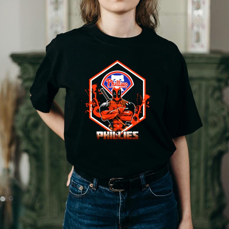 Deadpool Phillies Fan Art T-Shirt with Logo & Swords Graphic Design - Image 2