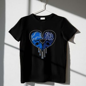 Detroit Lions X New York Yankees Skull Heart Graphic T-Shirt