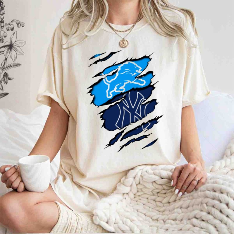 Detroit Lions and New York Yankees Ripped Claw T Shirt t shirt 1 1