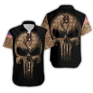 Detroit Tigers Camouflage Skull Hawaiian Shirt With American Flag Design