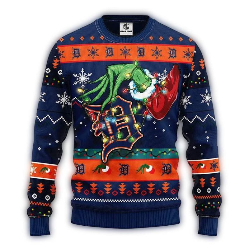 Detroit Tigers Grinch Hold Logo Christmas Ugly Sweater 1