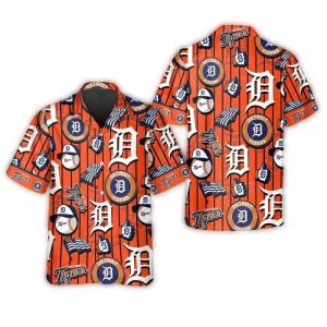 Detroit Tigers Orange Striped Logo Hawaiian Shirt For Men